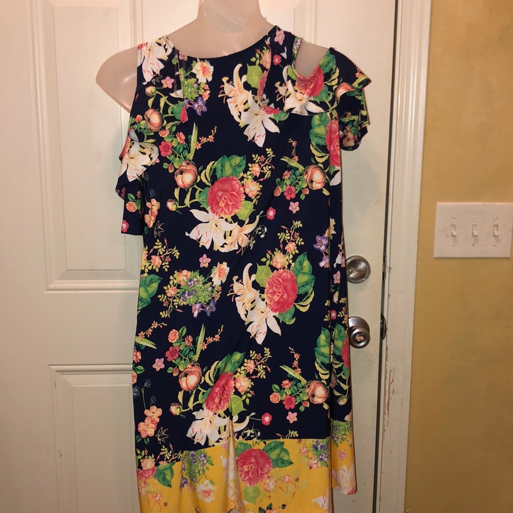 Rafaella Navy Floral Cold-Shoulder Midi Dress with Yellow Border